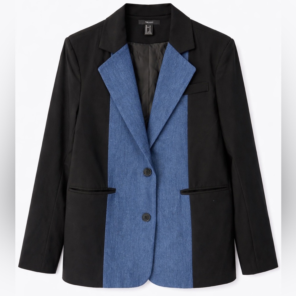 Forever 21 Black Blazer Jacket w/ Denim Contrast Panel Shoulder Pads Size M